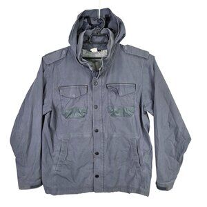 Mens Under Armour Gray Cotton Jacket Full Zip & Snap Button Packable Hood L